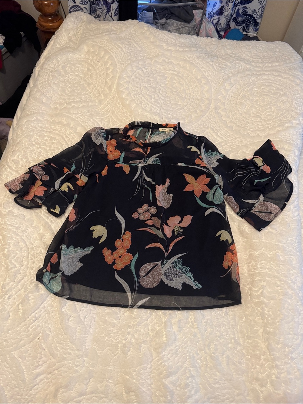 Monteau Black Floral Ruffle Sleeve Blouse
